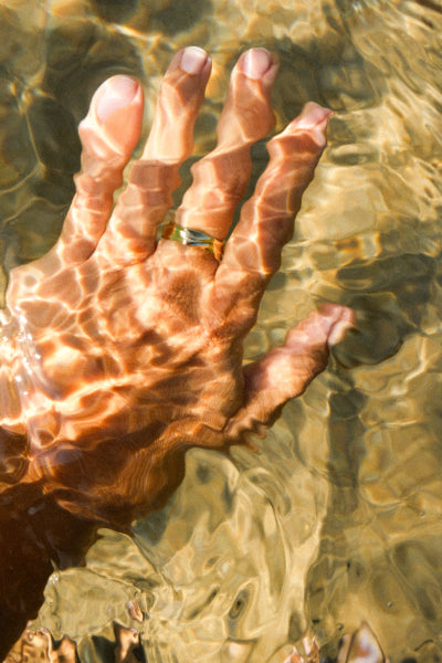 Hand with a ring submerged in clear water